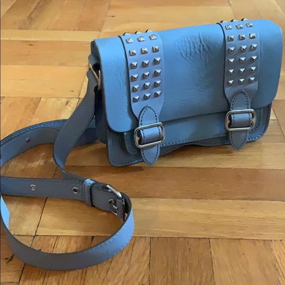 blue studded crossbody Rebecca Minkoff purse